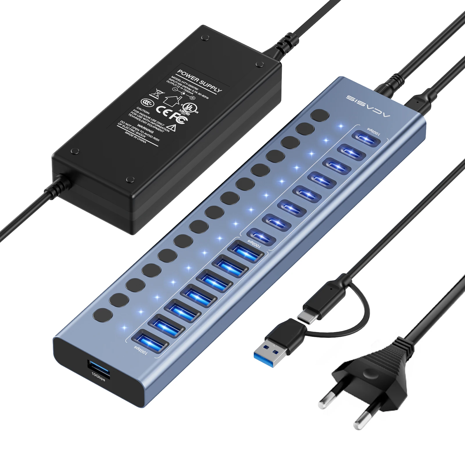 Acasis USB-dockingstation 10Gbps 16/10 poorten USB-C + USB-A hub met individuele schakelaar voor laptop pc Multi-apparaat toetsenbord muis