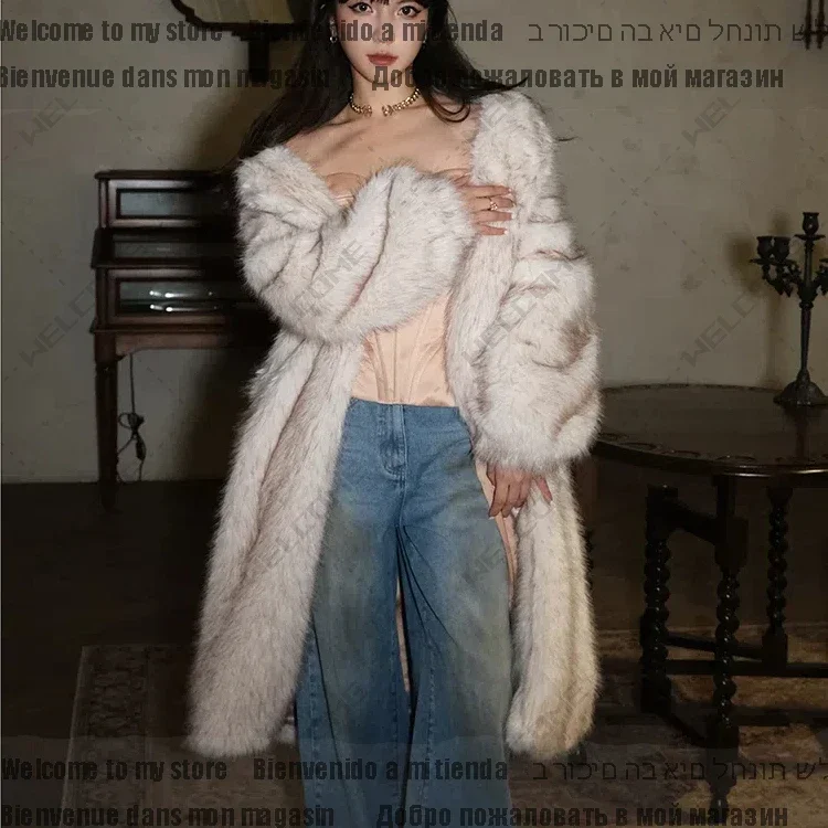 Women Loose Fluffy Furry Overcoat Outwear 2024 Winter Long Casual Luxury Soft Thick Warm Hairy Faux Fox Fur Coat