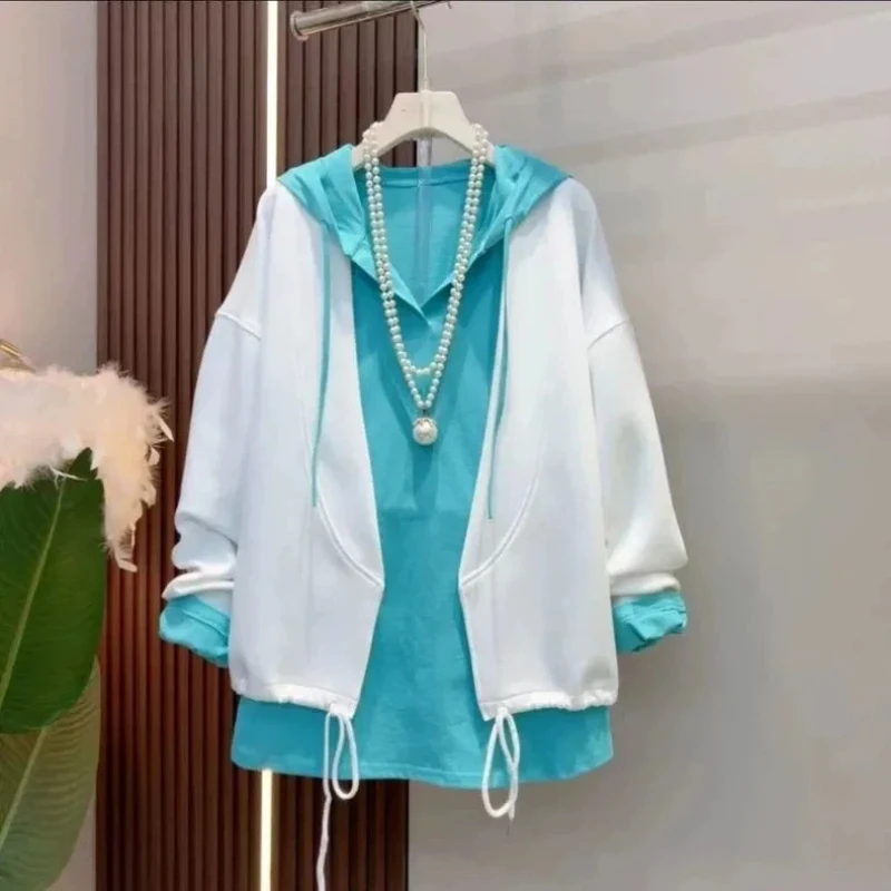 Casual Women Hooded Zip Up Sweatshirt With Drawstring Loose Fit Spring Autumn Wear