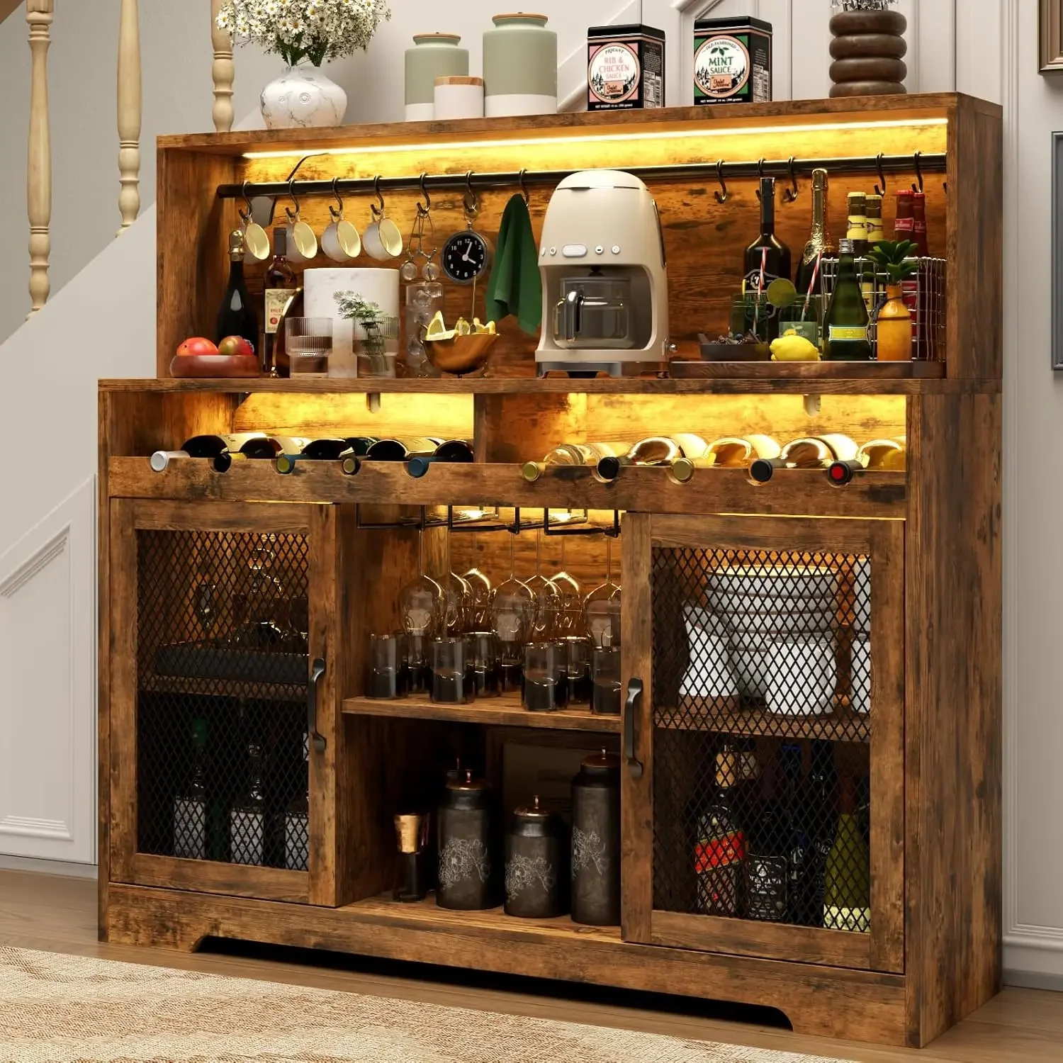 

Wine Bar Cabinet with LED Light, Liquor Cabinet with Glass Holder, Coffee Bar for Liquor, Storage Buffet with