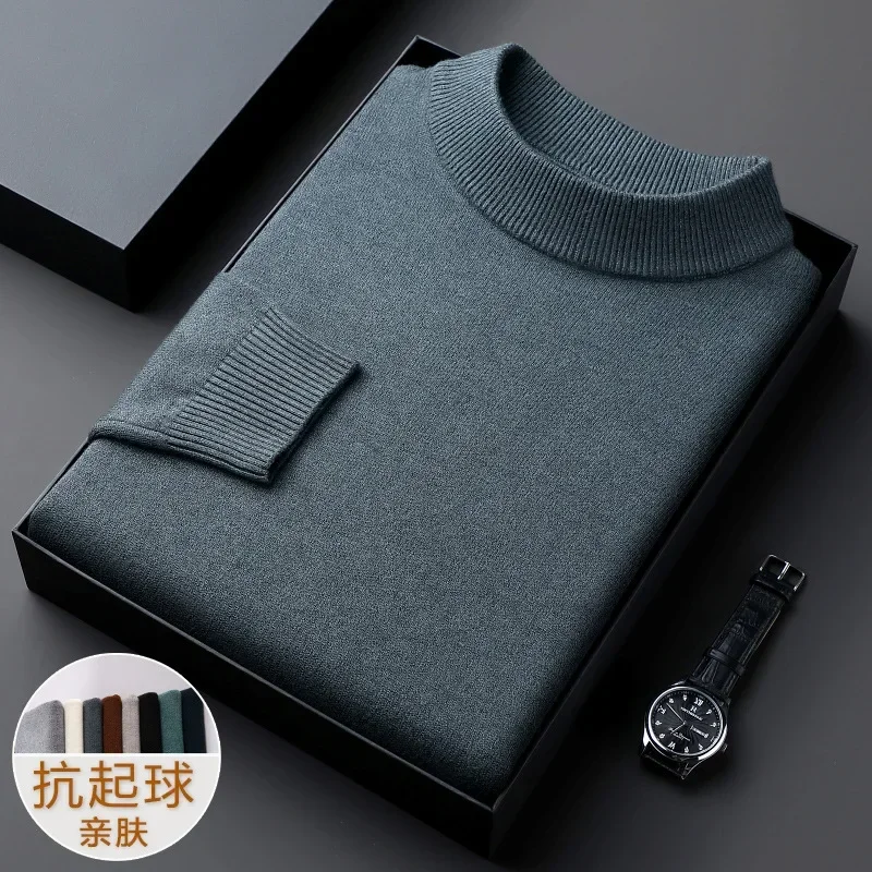 New 2023 Men's Mock Collar 100% Pure Woolen Sweater Tops Autumn Winter Cashmere Sweater Men Pullover Knitted Warm Sweater Male