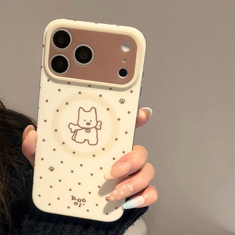 

Ins Brown Circular Dots Line Puppy Dog IMD Phone Case For iPhone 17 Pro Max 16 15 14 13 Cute Back Cover For Magsafe Cases