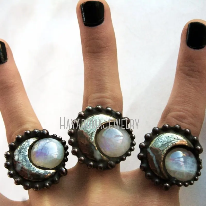 RM43260 Pyrite Crescent Moon And Rainbow Moonstone Ring  Crystal  Statement  Halloween