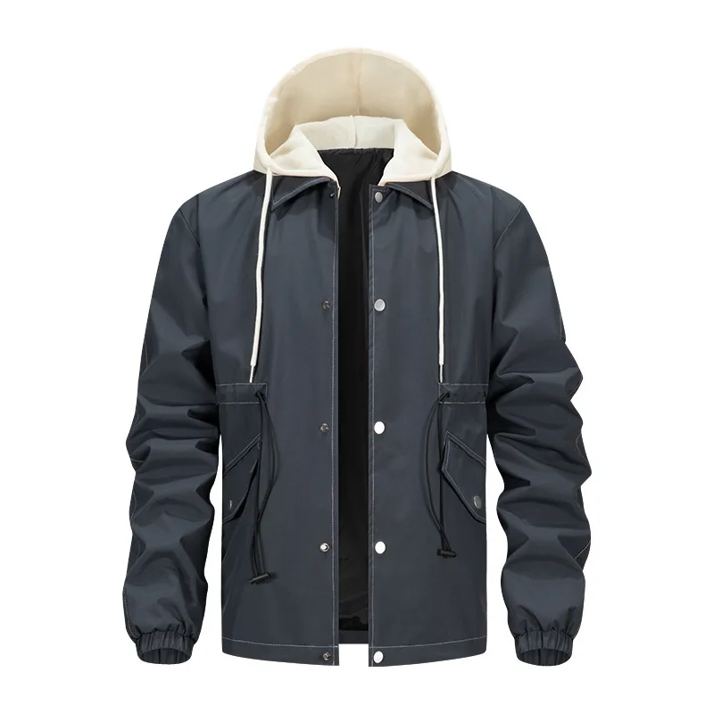 Men Jacket Autumn Contrast Color Patchwork Male Hooded Coat Elastic Waist Single-breasted Long Sleeve Pocket Man Outerwear