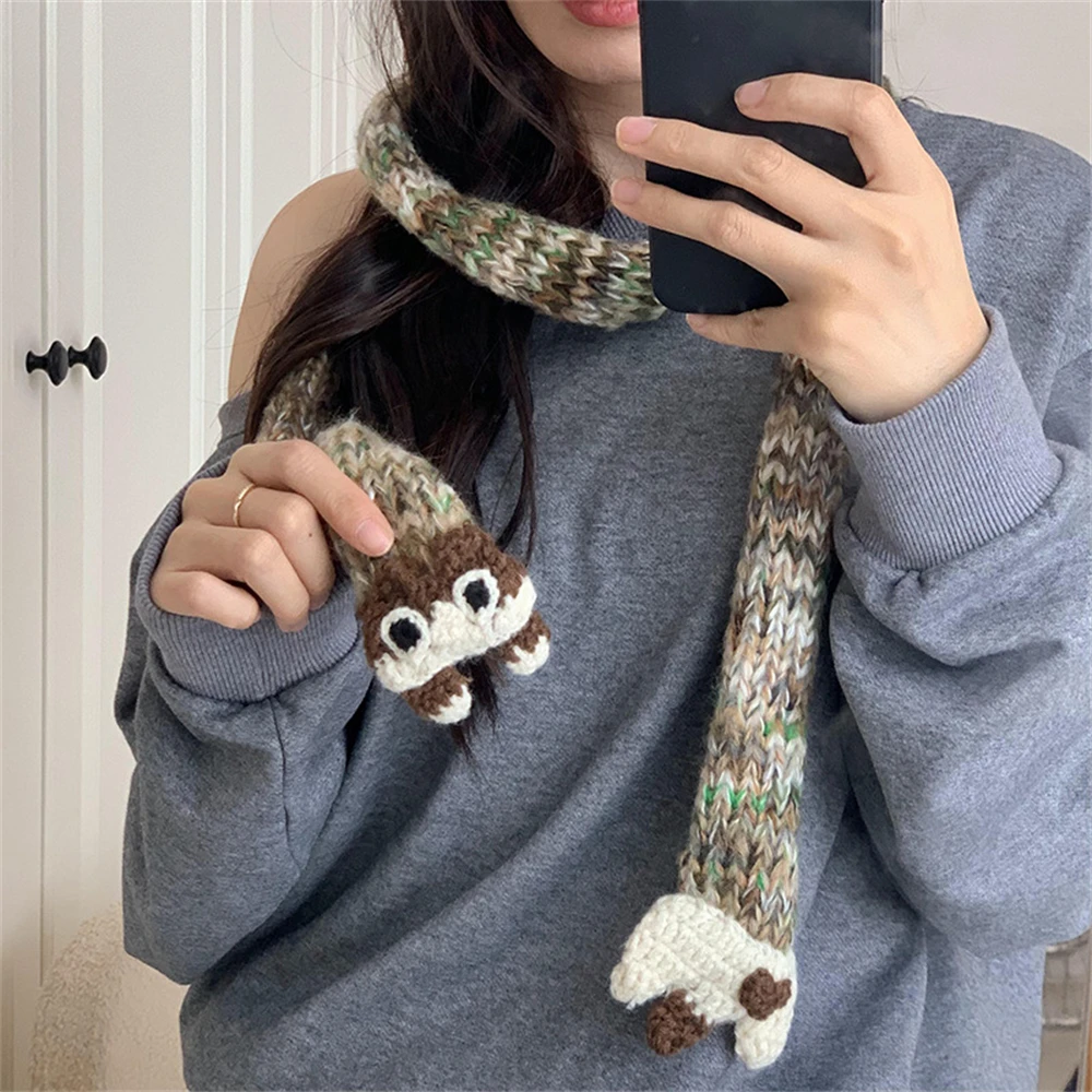 New Female Winter Cartoon Narrow Small Scarf Premium Sense Hundred Color Thread Blend Scarves Wool Knitted Neck Decorative Scarf