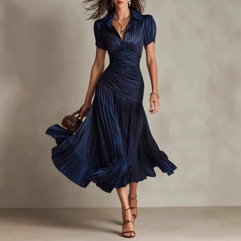 Women's dress with elegant and casual resort satin ribbed plaid pattern - summer vintage fashion long dress
