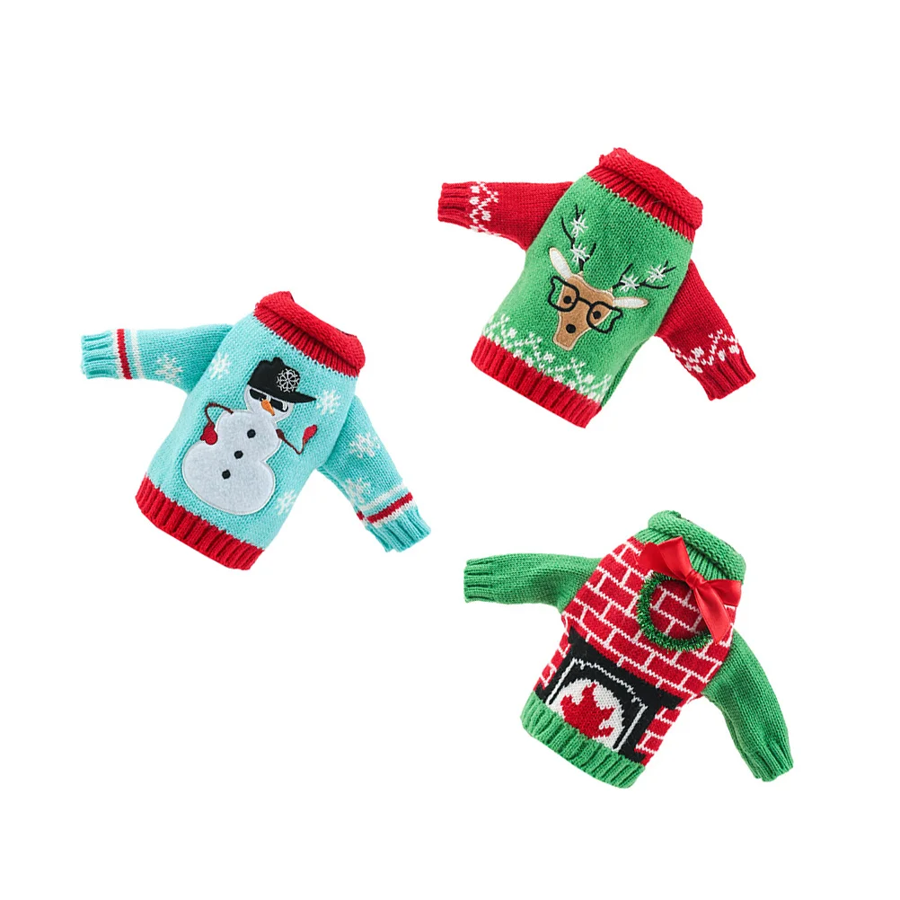 

3 Pcs Red Bottle Sweater Christmas Decor Bags Bottle Dress Cover Woven Xmas Reusable Holiday Kitchen Bar