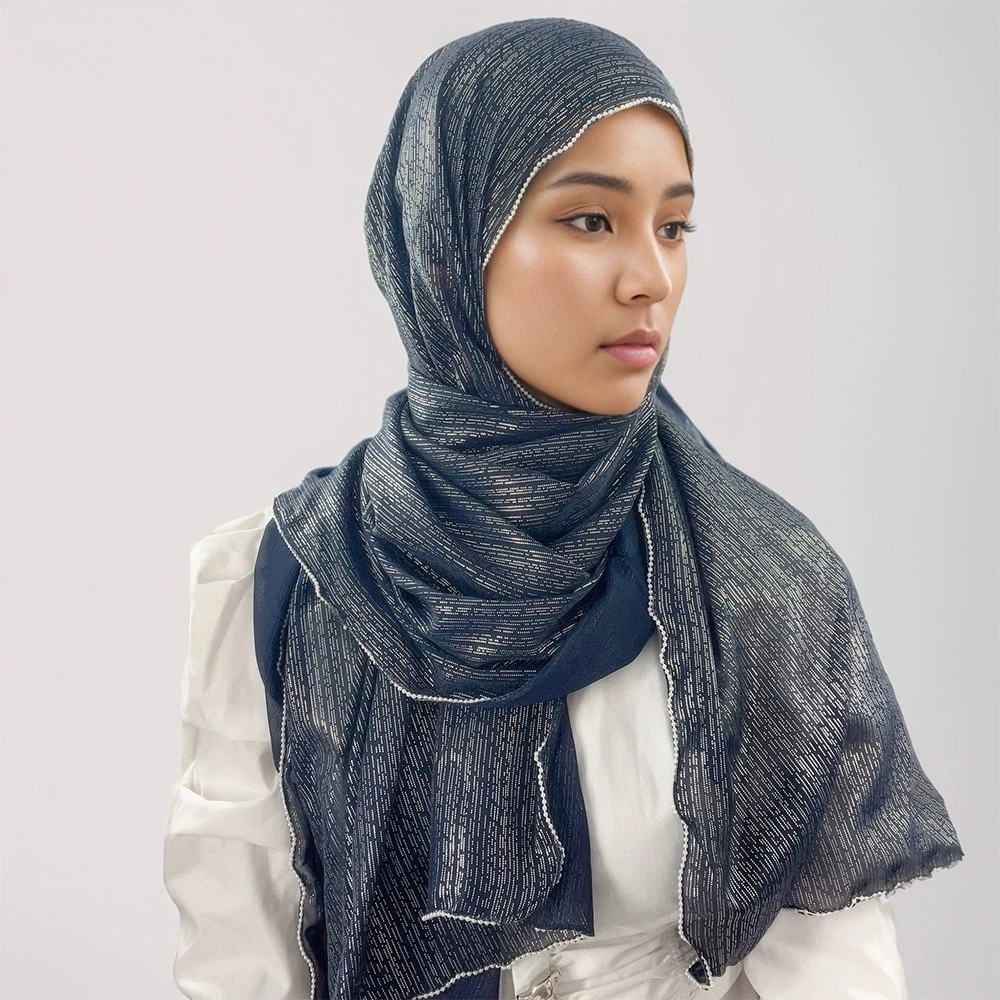

Chiffon Gold and Silver Wire Light Thin Women's Casual Pearl Edge Shawl Headscarf Hijab Scarves