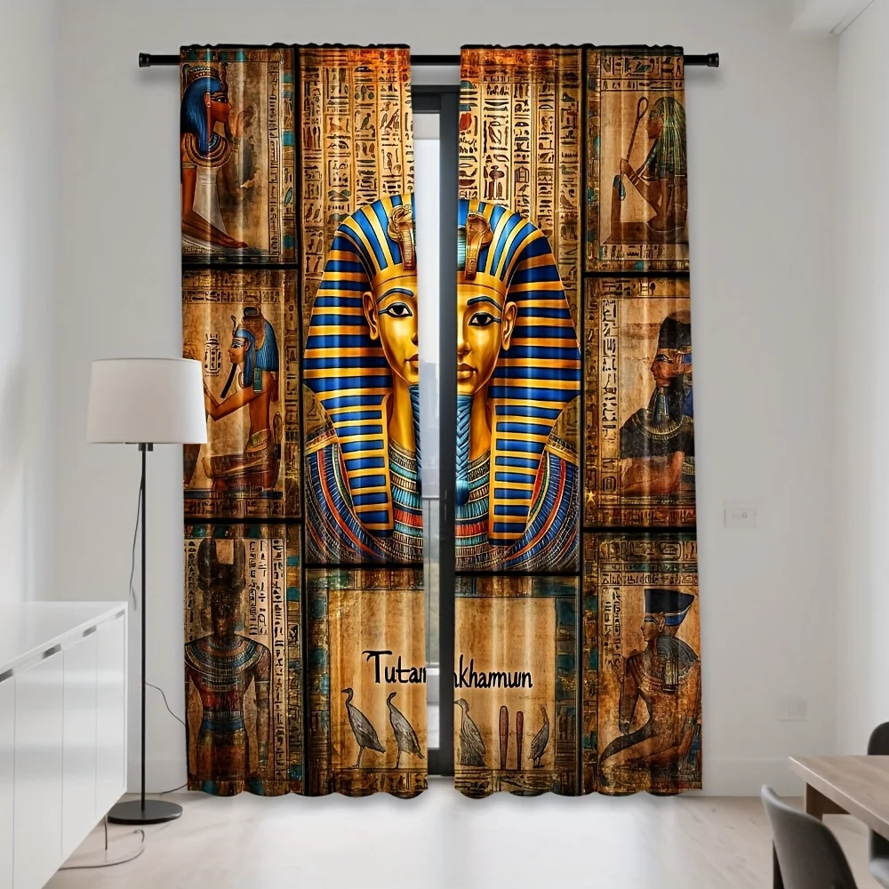 Ancient Egypt Curtains, Pharaoh Tutankhamun Mask Print Drapes for Living Room, Hieroglyphs Pattern Window Treatment Decor