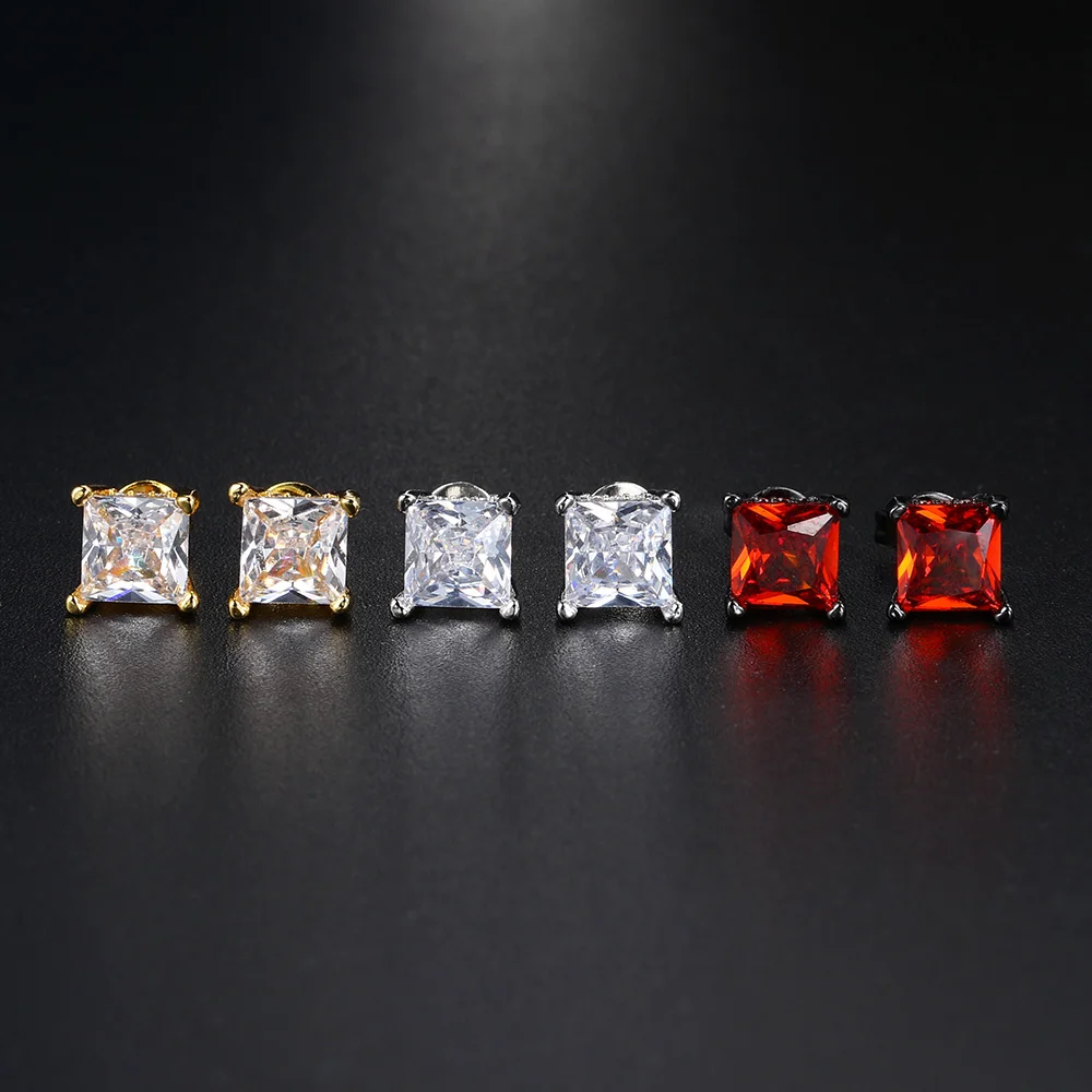 Square Crystal Studs Earrings Men Vintage Simple 4 Claws AAA+ Cubic Zirconia Hiphop Accessories Gold Color Ear Jewelry OHE147