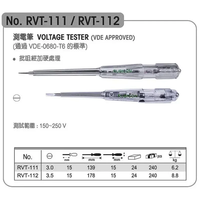 Bolígrafo de prueba de voltaje RUBICON 220 ~ 250V con Detector de potencia LDE herramienta de electricista ranurada RVT-111/RVT-112/RVT-211/RVT-212