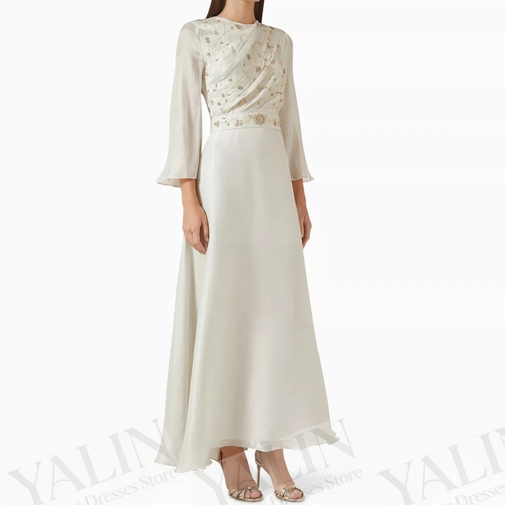 

Women's A-line Evening Dresses Ankle-length O-neck Three Quarter Sleeve Prom Gown Fashion Crystal Simple Draped Customized Gowns