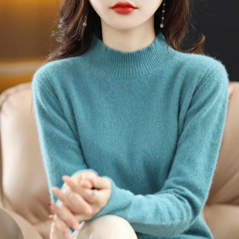

Autumn and winter new 100% mink velvet women's sweater semi-high collar pullover casual knitting fashion loose top Korean versio