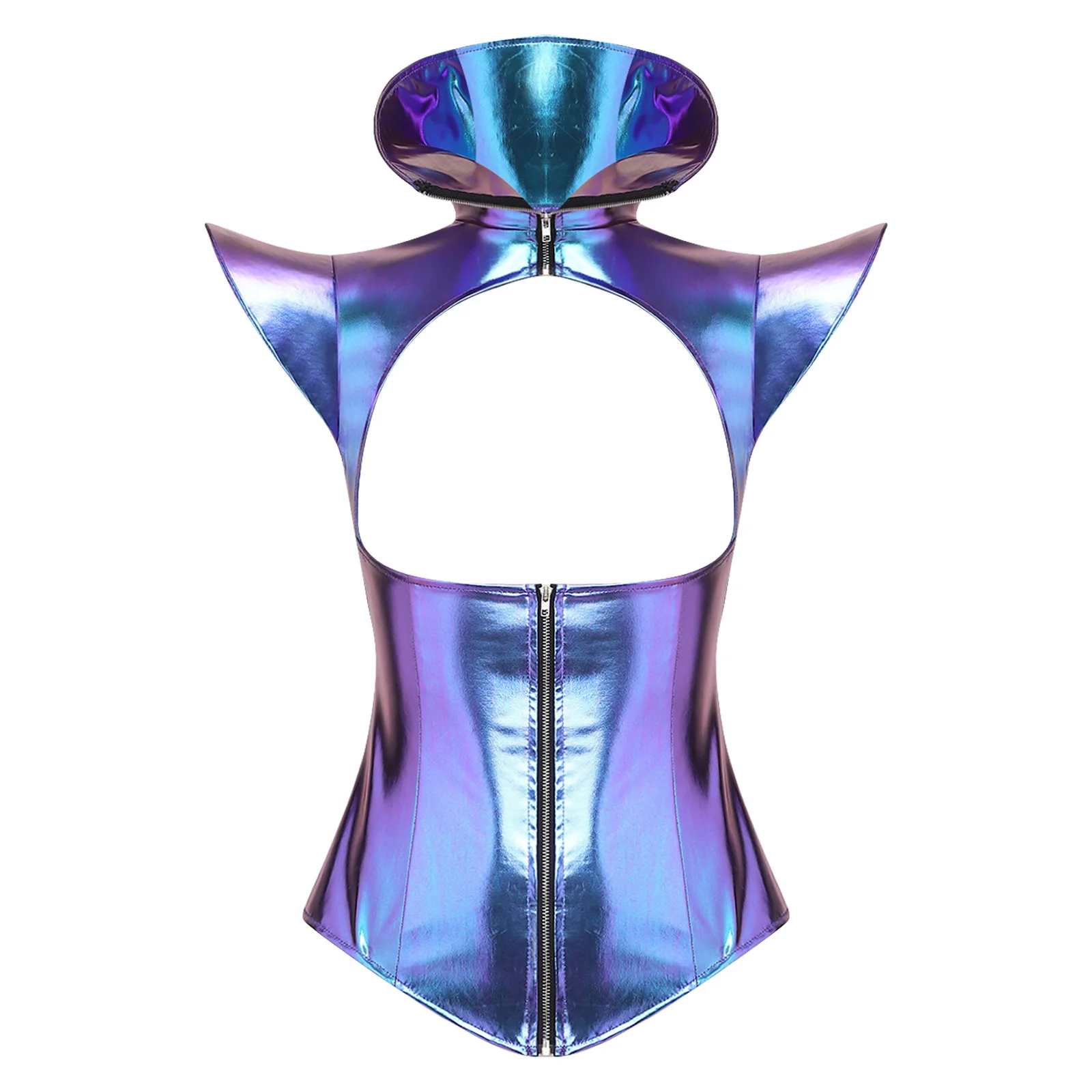 Womens Metallic Holographic Armor Corset Top Stand Collar Fly Sleeve Front Cutout Zip-up Bustier Crop Top Rave Festival Outfit