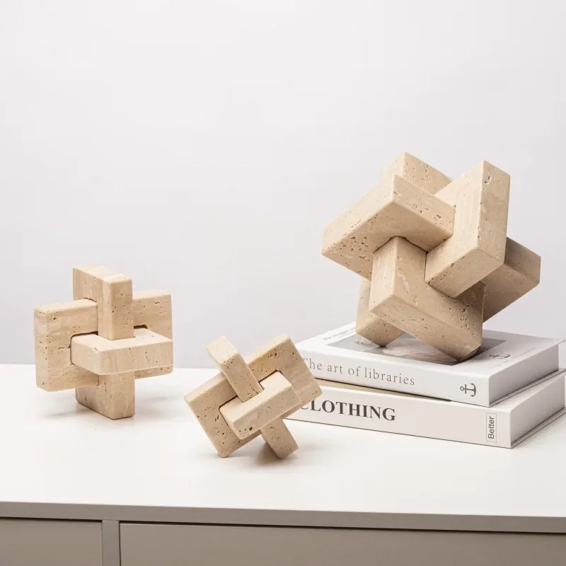 Creative Geometric Stone Sculpture Yellow Cave Stone Cross Ornaments Spliced Looped Square Ball Home Decoration Accessories