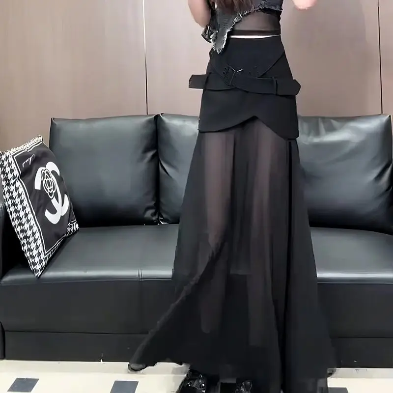 

Новая французская модная длинная юбка для женщин, весна-лето, с высокой талией, облегающая, с прозрачными сетчатыми вставками, сексуальная, в стиле Y2K, уличная мода