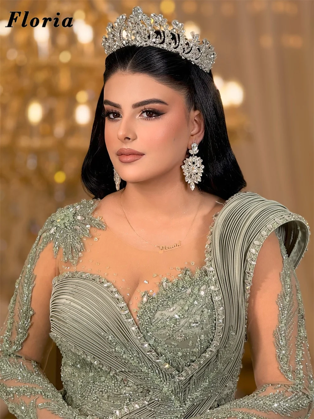 

Arabic Sage Green Mermaid Evening Dresses Long Sleeves Party Gown Beaded Prom Dress With OverSkirt Customized Vestidos De Fiesta