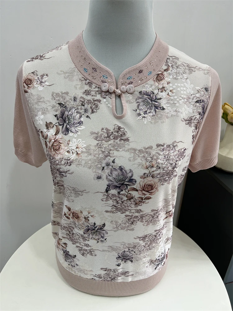 Ele Mom Summer Wear Chinese Sle National Flag Dr Collar ort Sve Silk T-irt Middle Aged And ly Women's Cl...