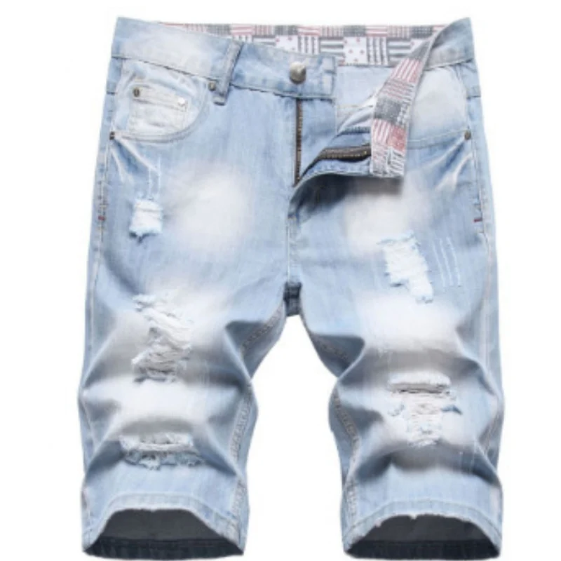 

New Summer Men Blue Denim Shorts Italian Style Male Shorts Jeans High Quality Male Stretch Fit Ripped Denim Jeans Shorts Size 38