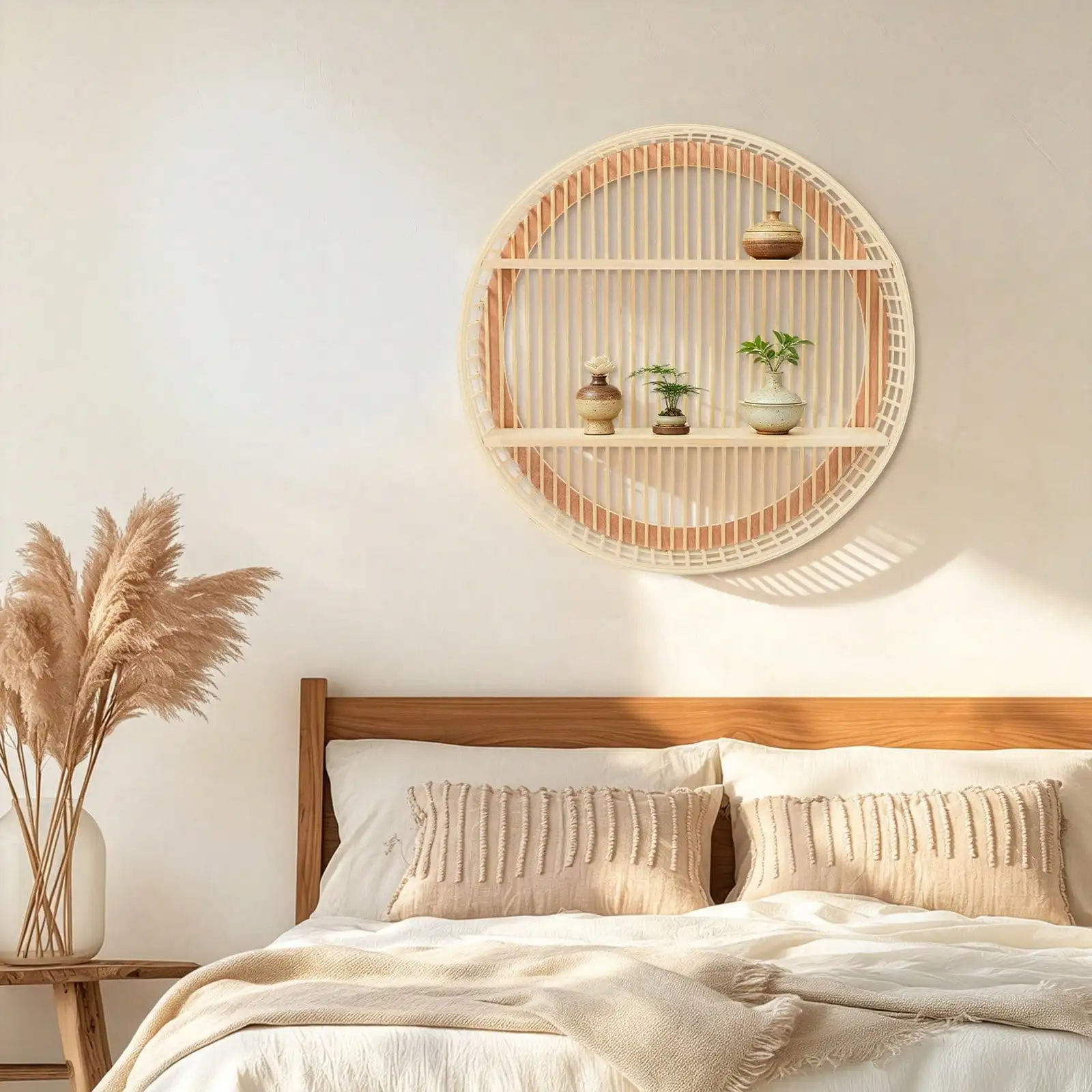 2 Tier Bohemian Wall Mounted Storage Shelf,Bamboo Pine Wood Floating Display Rack,No Assembly Required Wall Organizer