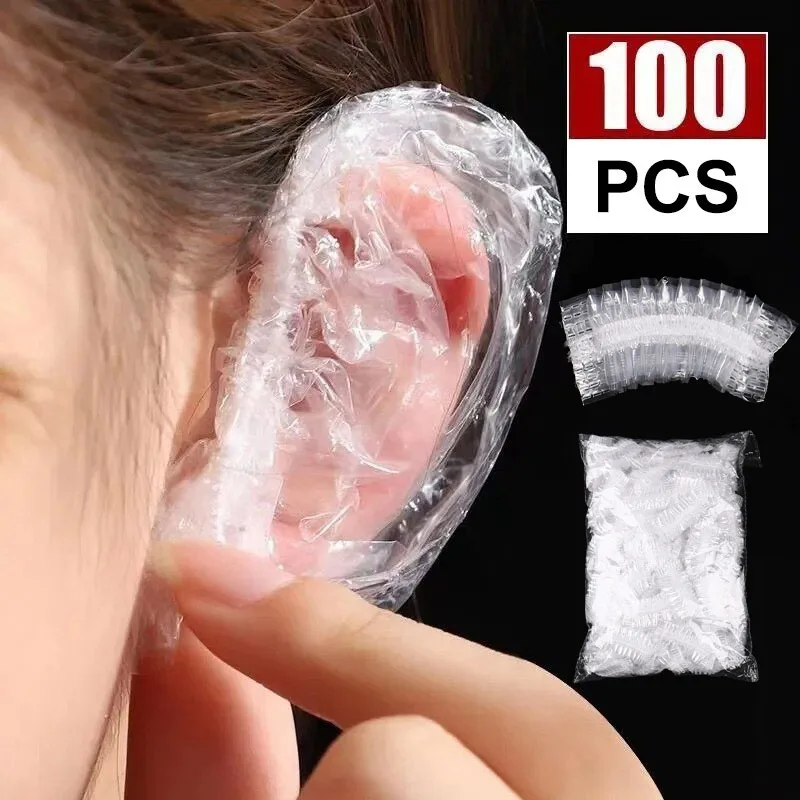 

100 шт. одноразовые наушники для волос, прозрачная эластичная краска для душа, защита для волос, инструмент, щит, водонепроницаемая подставка для ушей, пластиковая упаковка