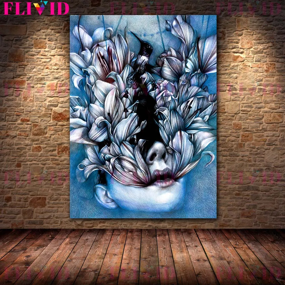 Terrible Dense Butterflies And Girl Abstract Wall Art Canvas Painting Mysterious Dark Butterfly And Flower Crayon Poster Print