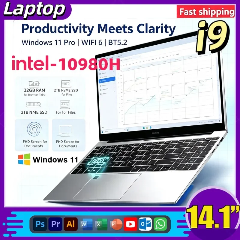 14.1 Inch Laptop Intel Core I9 10980HK Windows 11 32GB DDR4 2TB SSD Gaming Laptop Office PC Gamer Portable Notebook Computer