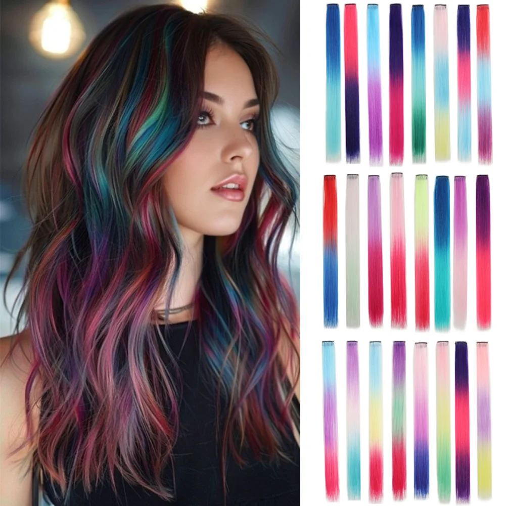 

8 Pcs Clip in Hair Extensions Synthetic Colored Hair Extensions 18 Inch Party Highlights Long Straight Hairpieces for Women