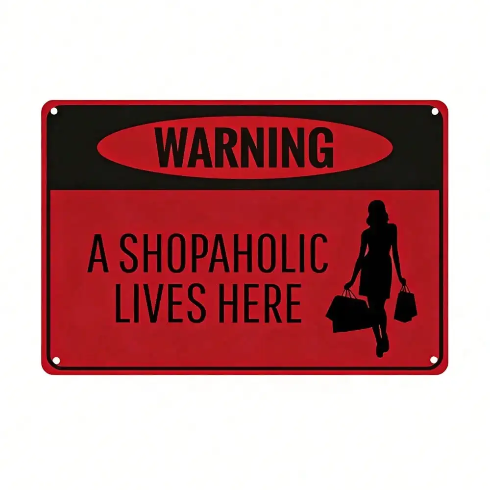 Funny Metal Tin Sign Warning Shopaholic Lives Here 12x8 Inch Vintage Metal Wall Plaque Novelty Farmhouse Wall Art Decor