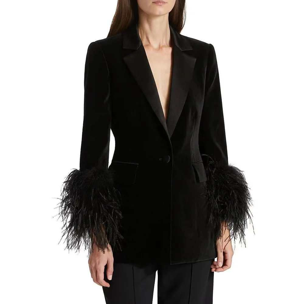 

Autumn/Winter Euro-American style ostrich feather decorated black suit jacket style dress jacket