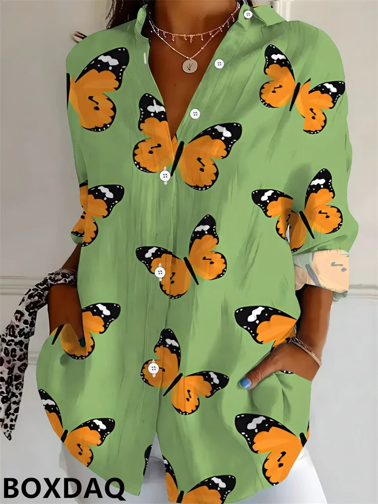 2026 New Women's Blouse Casual 3D Butterfly Pattern Floral Print Long Sleeved Lapel Button Loose Daily Autumn Shirts