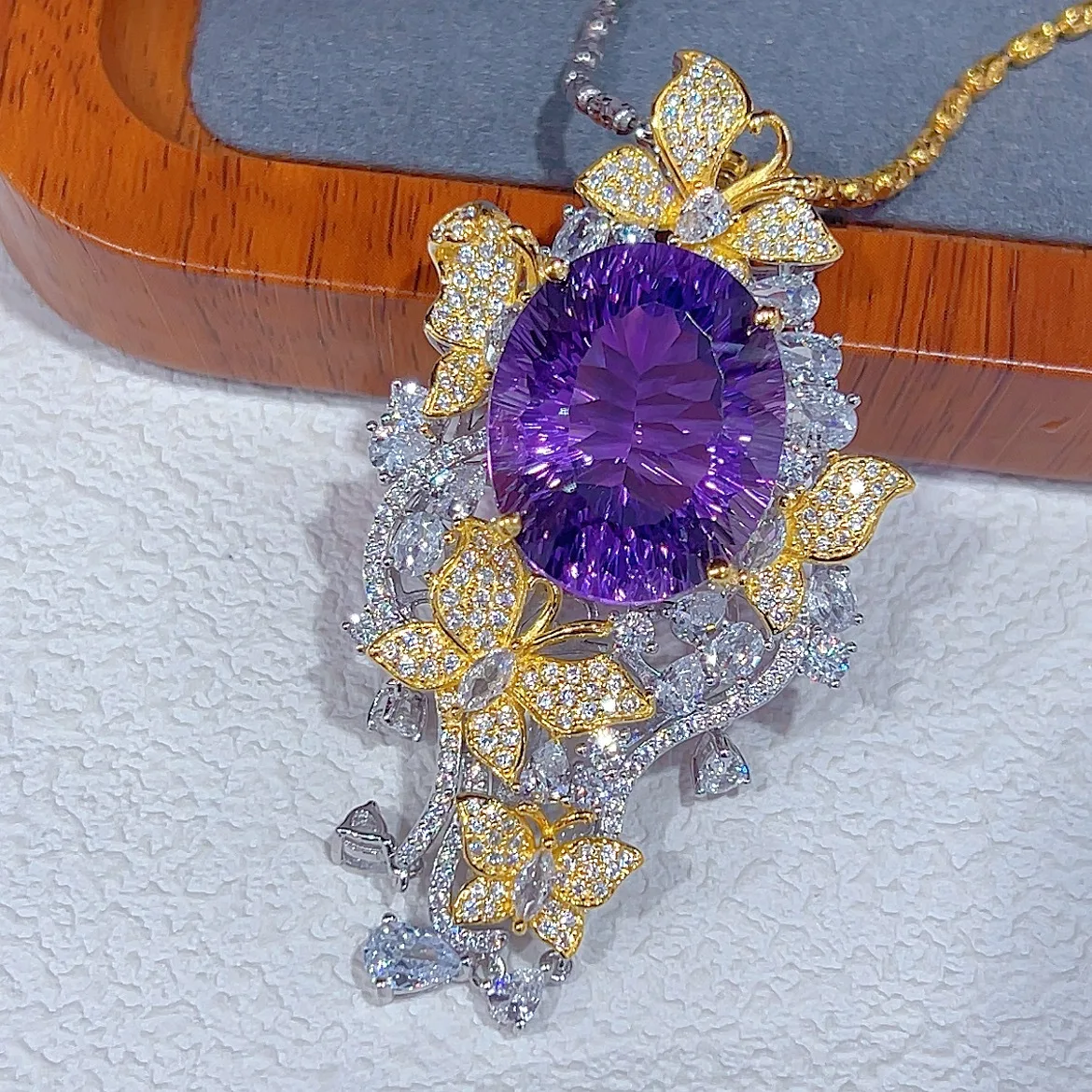 Two-Tone Amethyst Pendant 17x21mm, S925 Silver Plated No Chain Jewelry
