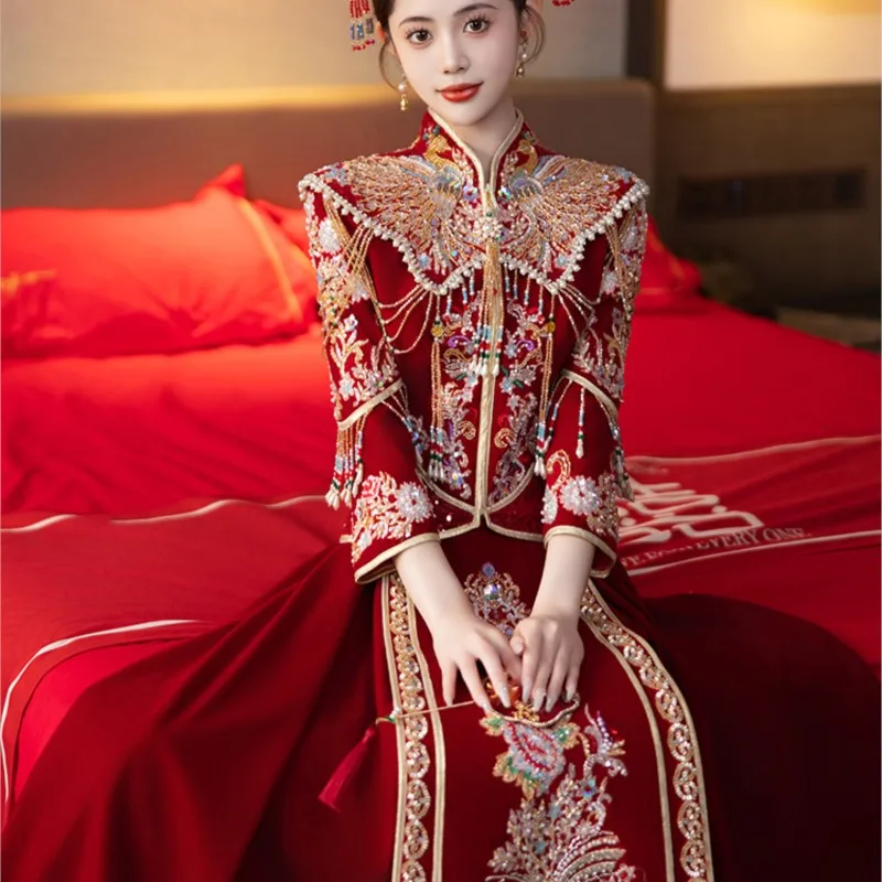 

New style wedding dress for brides Chinese-style attire heavy velvet figure-hugging