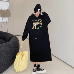 Oversized Fleece Sweatshirts Dresses Autumn Winter Fashion Korean Cartoon Hoodies Casual Dresses Women Clothes Loose Long Dress