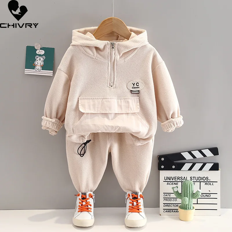 

New 2023 Kids Baby Spring Autumn Fashion Solid Zipper Hooded Sweatshirt Tops with Pants Boys Casual Sports Clothing Sets