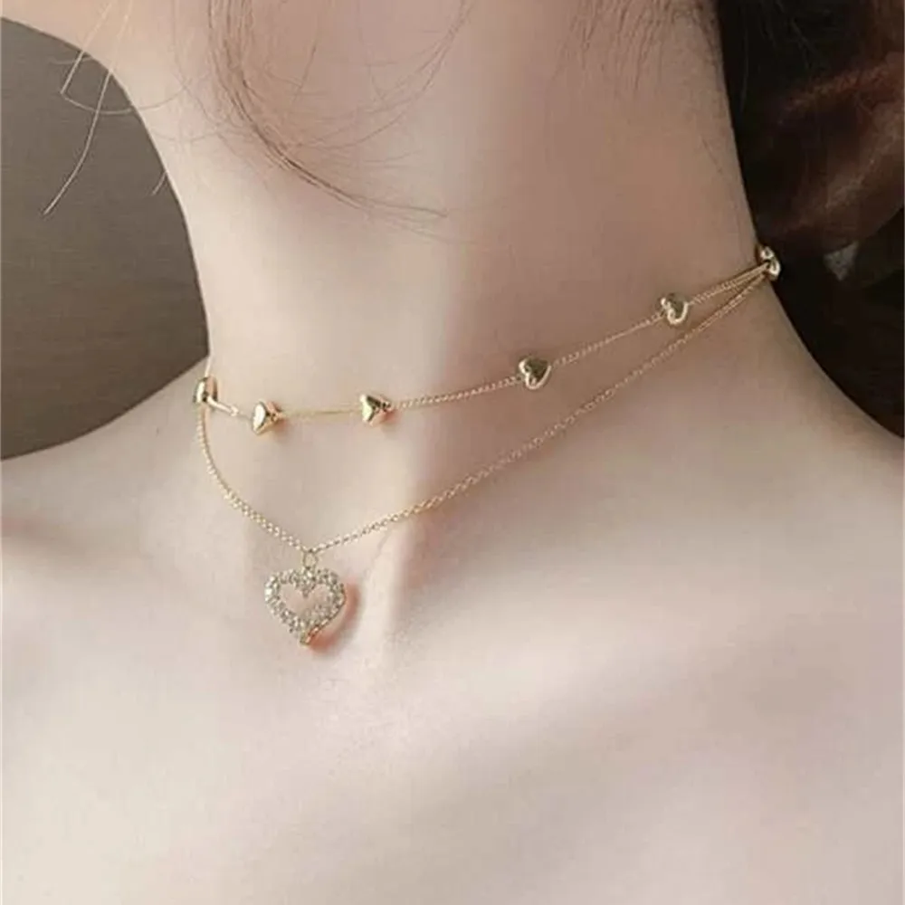 Fashion Vintage Gold-plate Multi-level Crystal Heart Pendant Necklace For Women Female Boho Punk Sexy Choker Jewelry Party Gift