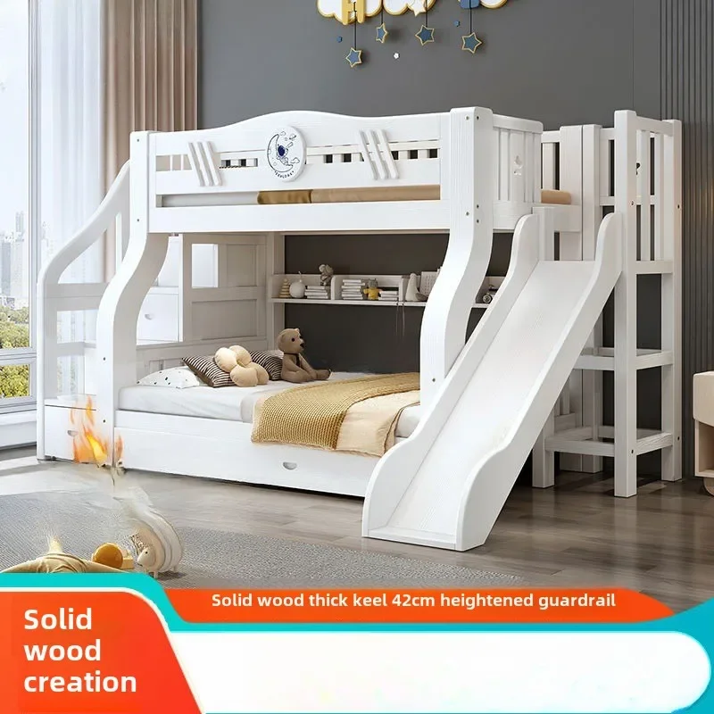 

White bunk bed, solid wood , children's , second floor, siblings, upper and lower , letter small apartment, high an