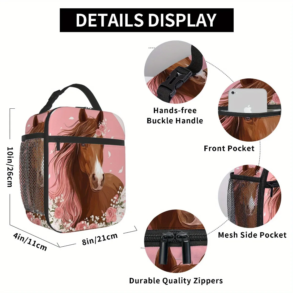 Lancheira isolada com retrato de cavalo floral para casa, escritório, lancheira de restaurante