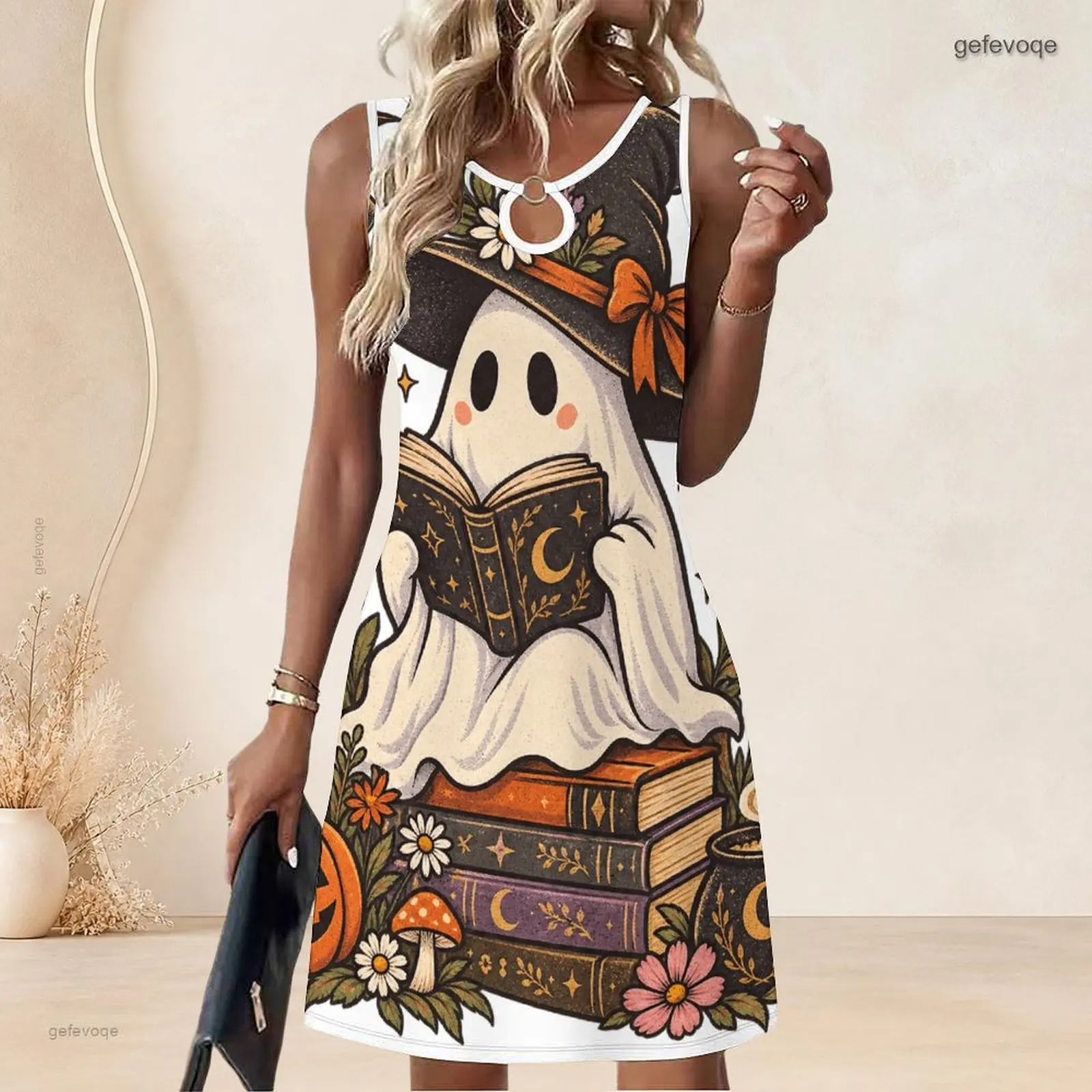 Women Sleeveless A Line Mini Dress O Ring Keyhole Neckline Loose Swing Short Dress Custom Print Ladies Casual Daily Dress