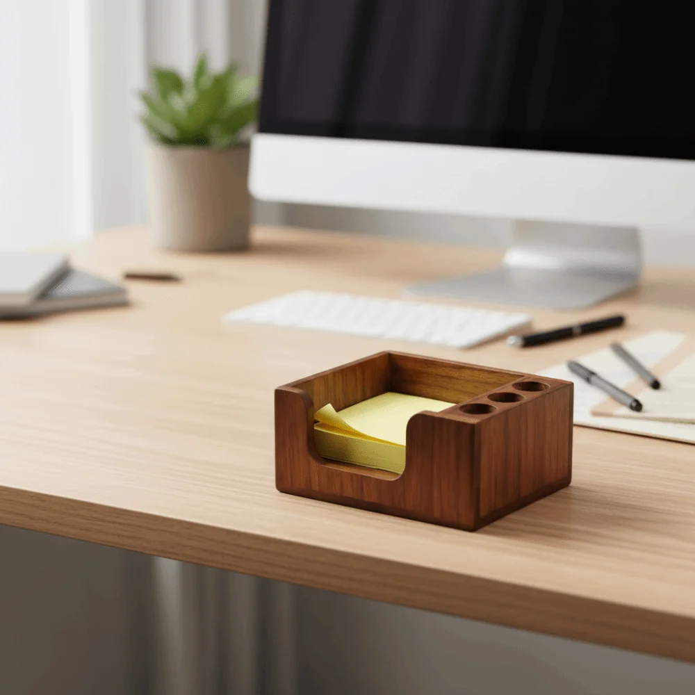 Nordic Style Wooden Desk Organizer 3 Pen Slots Rectangular Pen Holder Non-slip Polished Surface Sticky Note Holder Study