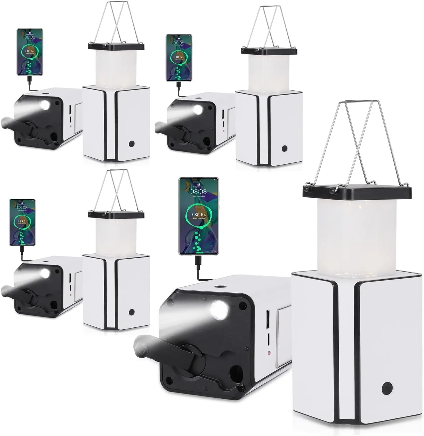 

4-Pack Solar LED Rechargeable Emergency Camping Lanterns, White, Type-C Charging, Hand-Crank Power, Phone Charger