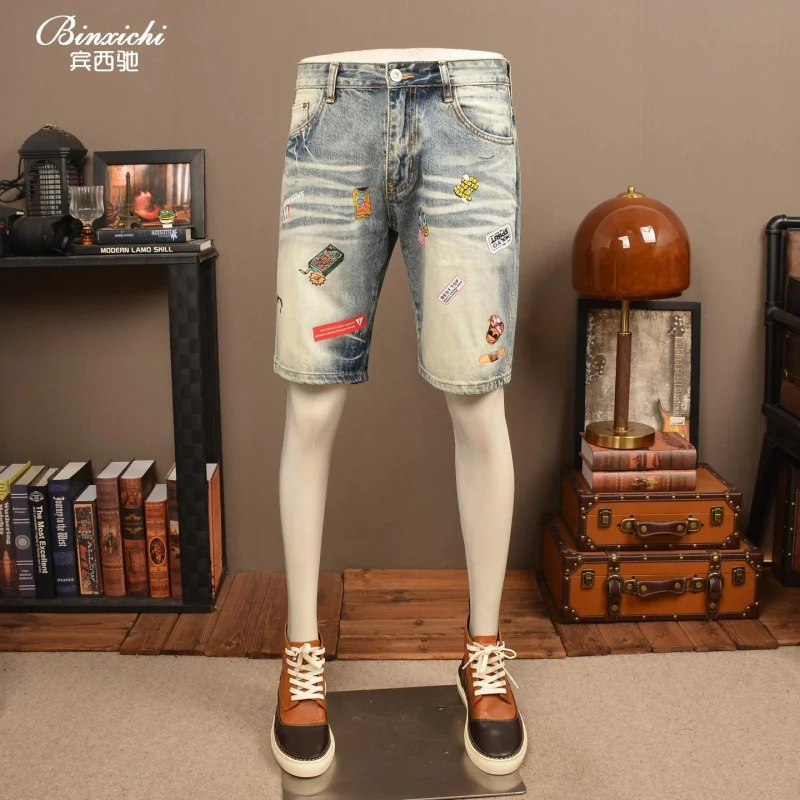 2026 Vintage Patterned Straight Thin Denim Shorts For Men Casual Knee Length Pants For Daily Summer Wear