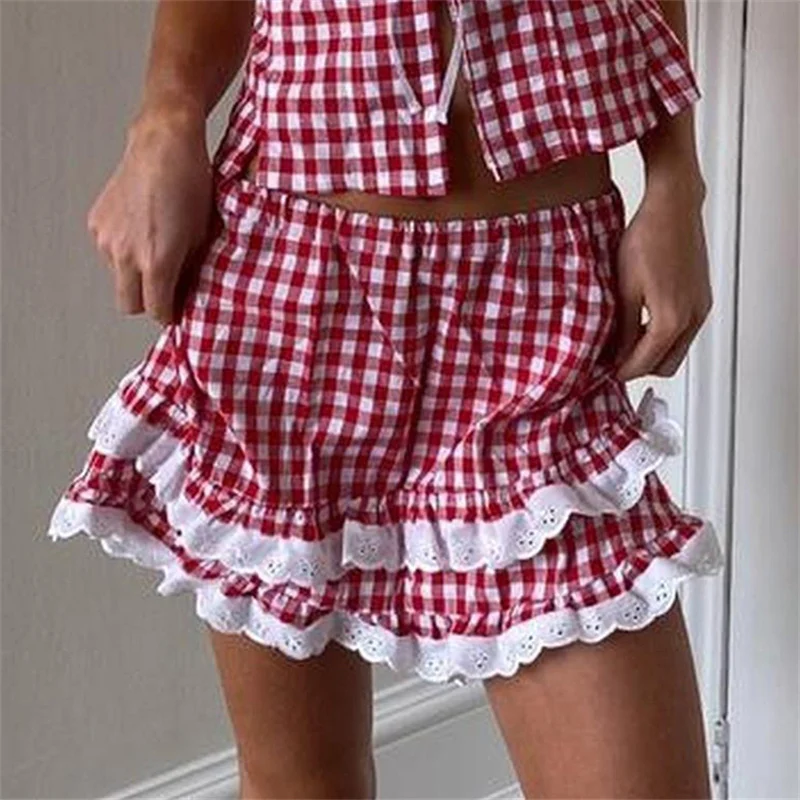 Preppy Lace Hem Gingham Miniskirt Layered Ruffle Sexy Cosplay Crossdress Party Skirt Dress Womens Japanese Lolita 2000s Clothes