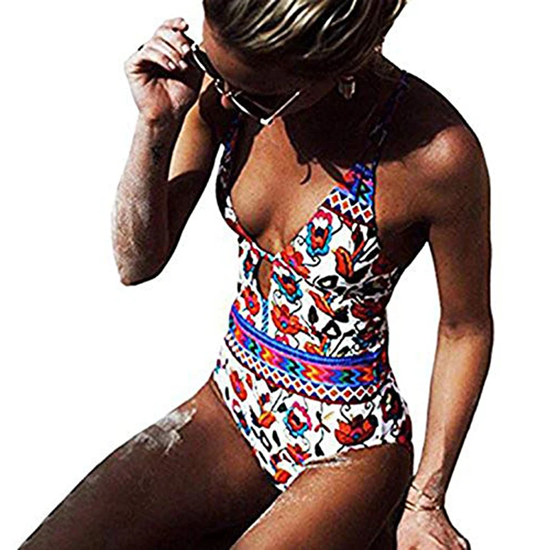 2024 Women Vintage Backless One Piece Swimwear Woman Sexy Swimsuit Deep V Summer Beachwear Print Slimming Bathing Suit Femme