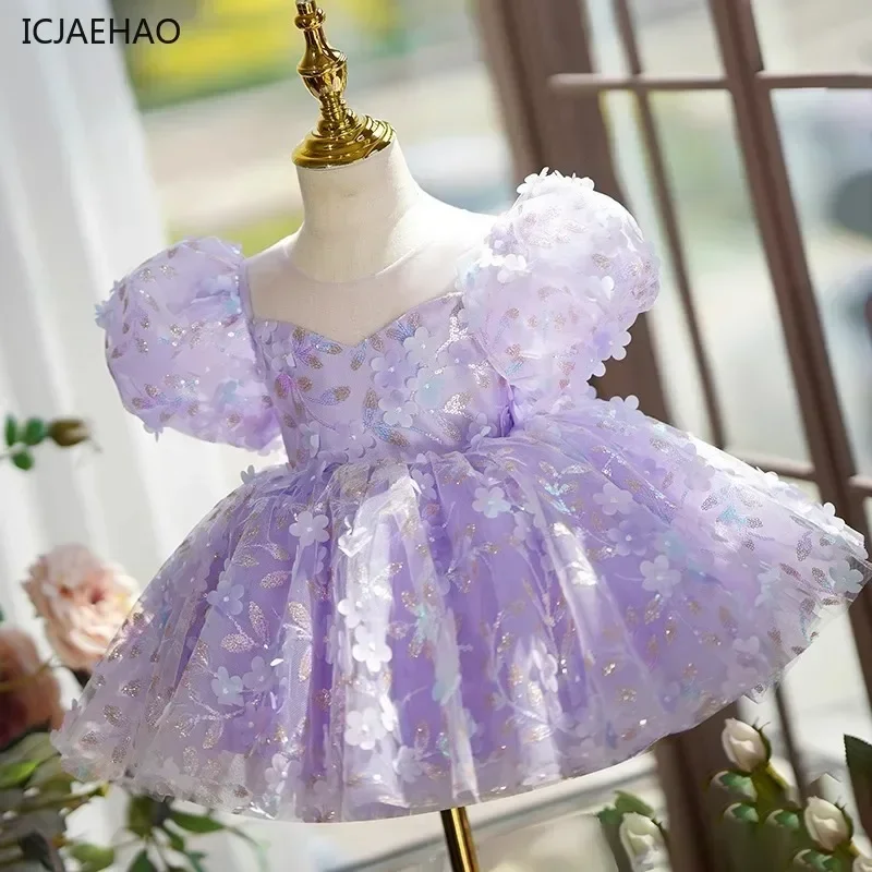 

2025 Children Birthday Party Christening Princess Dresses Kids Clothing Puff Sleeves Girl Flower Elegant Sequin Clothes