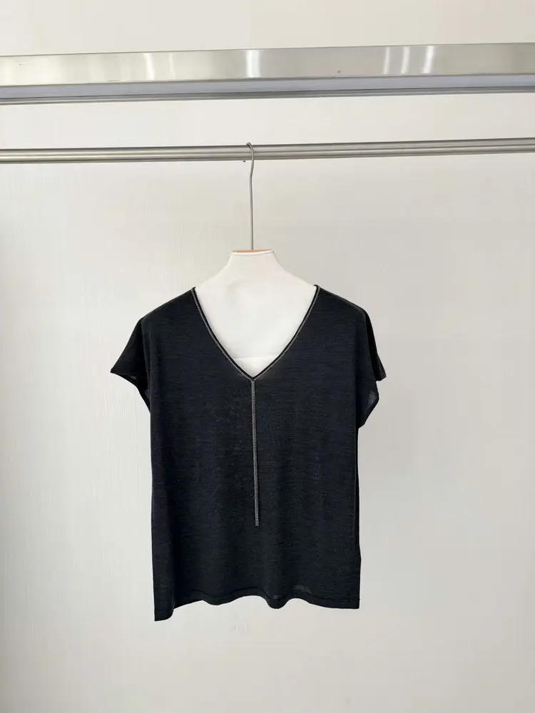Women's Spring Summer New V-neck Bead Chain Knitted Shirt Fashion Versatile Short Sleeve Top