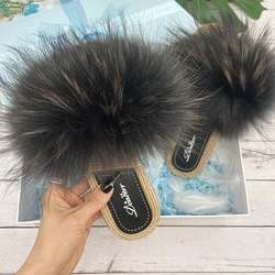 Real Fur Slippers Women Summer Flats Faux Straw Sandals Natural Fox Fur Ladies Flip Flops Fashion Raccoon Beach Light Slides