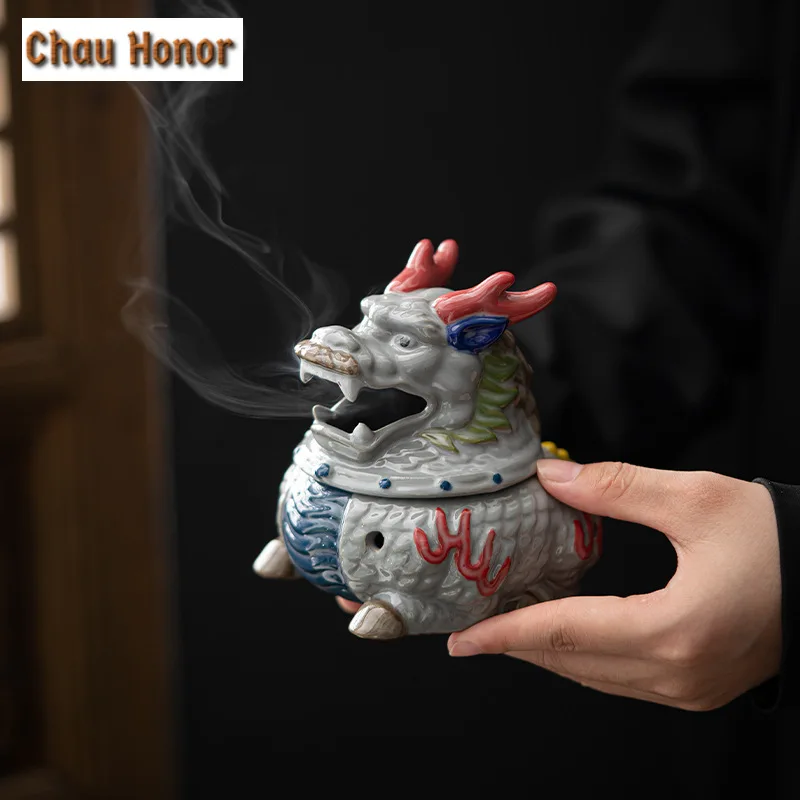 Ancient Colored Pottery Incense Burner Hand Painted Kylin Divine Beast Aromatherapy Furnace Zen Censer Burner Holder Tableware