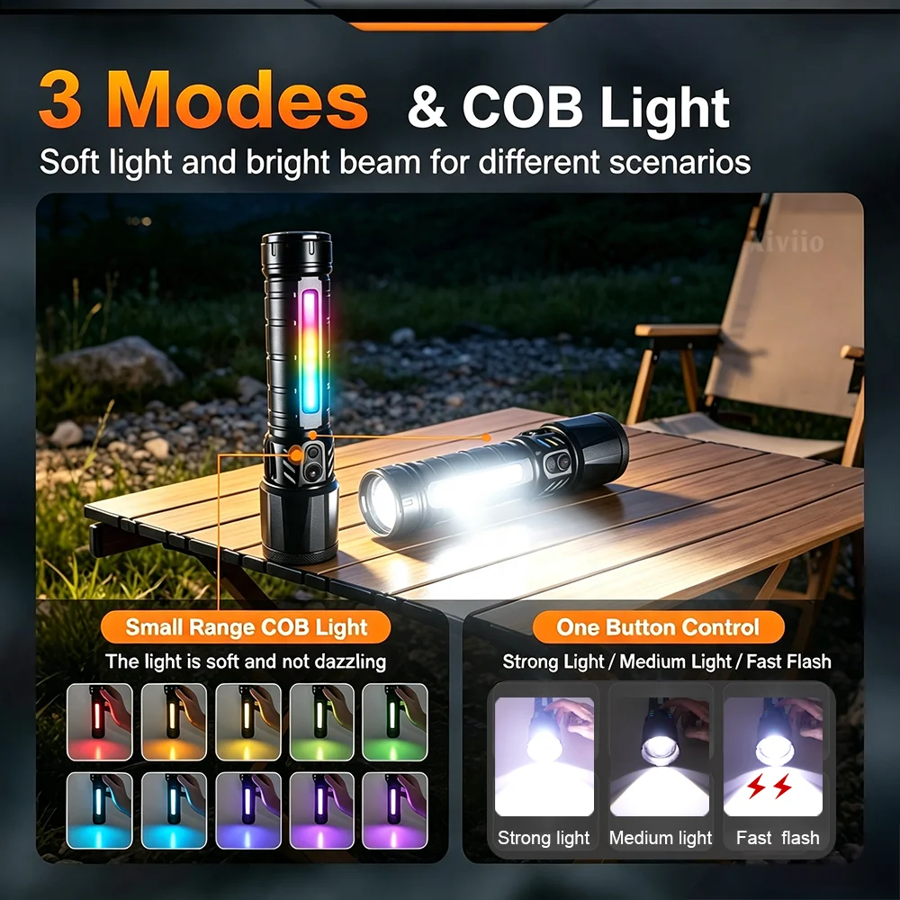 Ultra Bright LED Handheld Flashlights Upgrade High Lumen COB Color Side Light Tactical Torch Rechargeable Lamp Camping Adventure