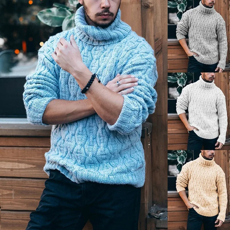 

Men's High Collar Knitted Sweater Diamond Twist Thick New Wool Yarn Casual Long Sleeve Winter Fashion Pullover Knitwear